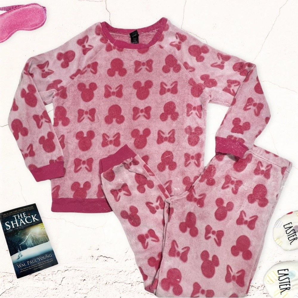 Disney PJ Set Minnie Mouse Fleece Cozy Plush Pajamas Bows Pink Medium M